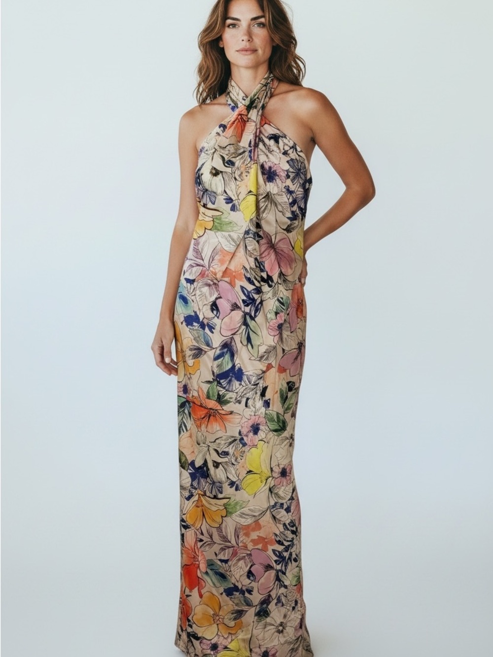Adrianna Papell Cream Floral Halter Maxi Dress with Multi-Color Print